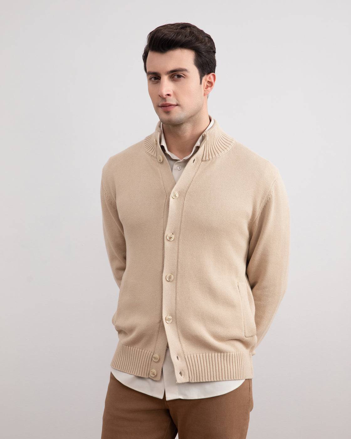 Beige Ribbed Button Closure With Pockets Cardigan - Tour&Tate