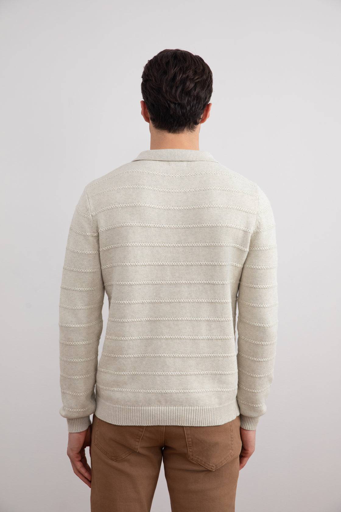 Beige Mélange Knit Texture Open Polo Sweater - Tour&Tate