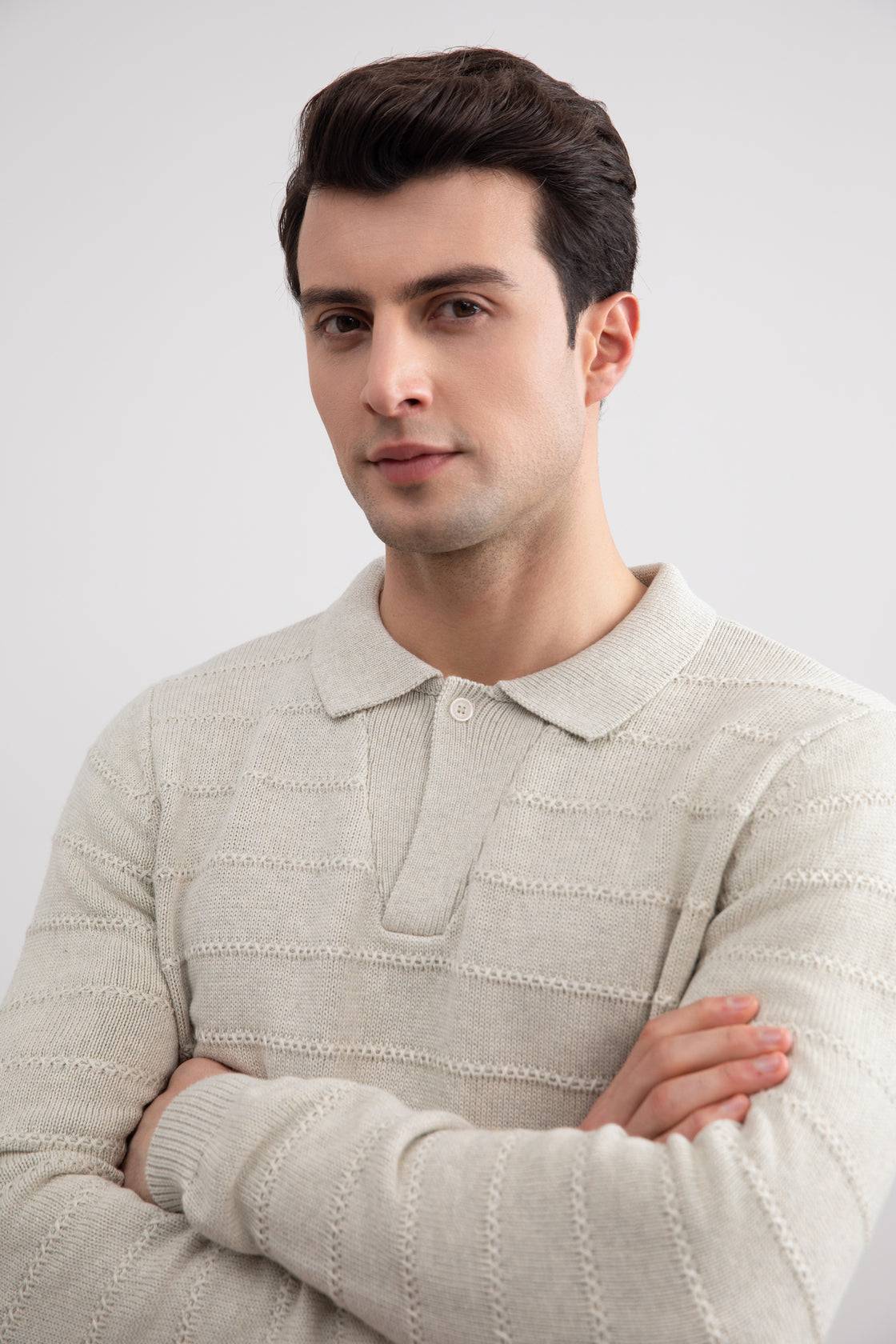 Beige Mélange Knit Texture Open Polo Sweater - Tour&Tate