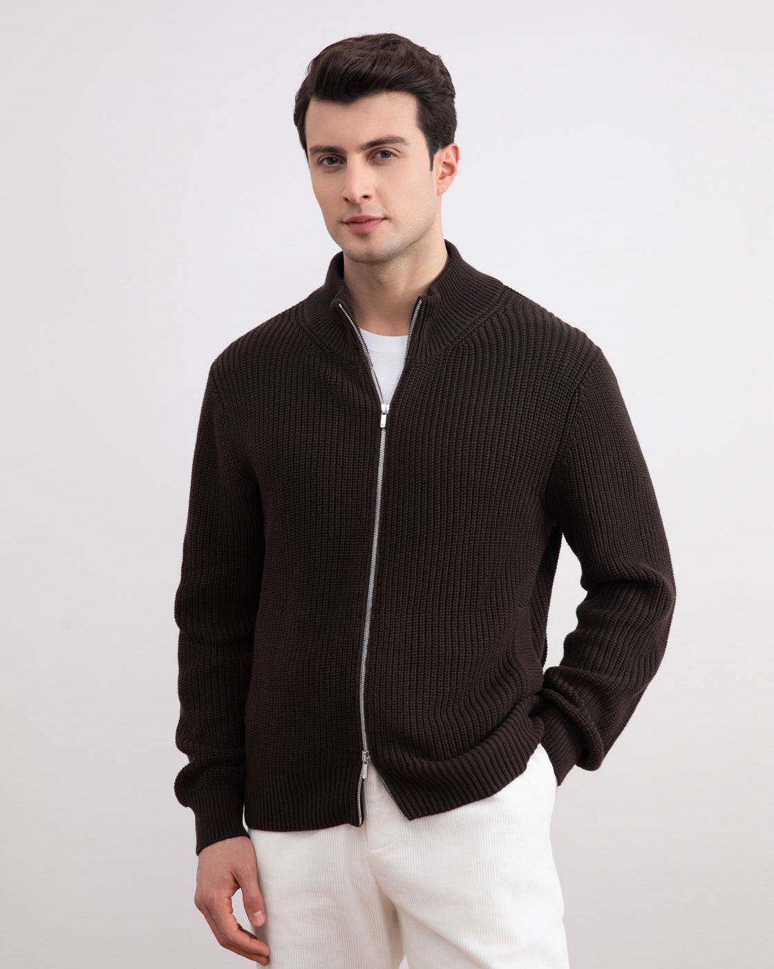 Dark Brown Ribbed Zip-Up Cardigan - Tour&Tate