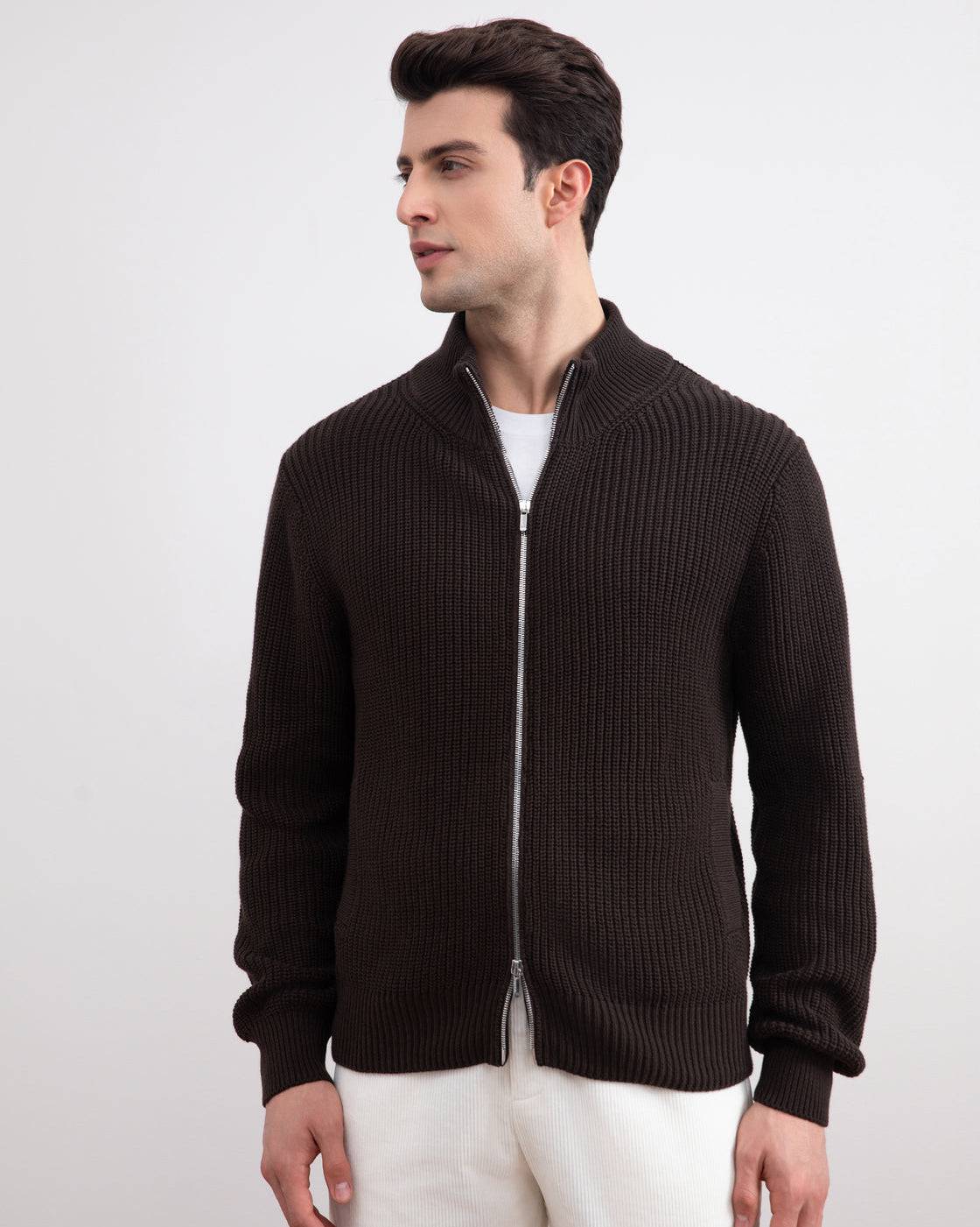 Dark Brown Ribbed Zip-Up Cardigan - Tour&Tate