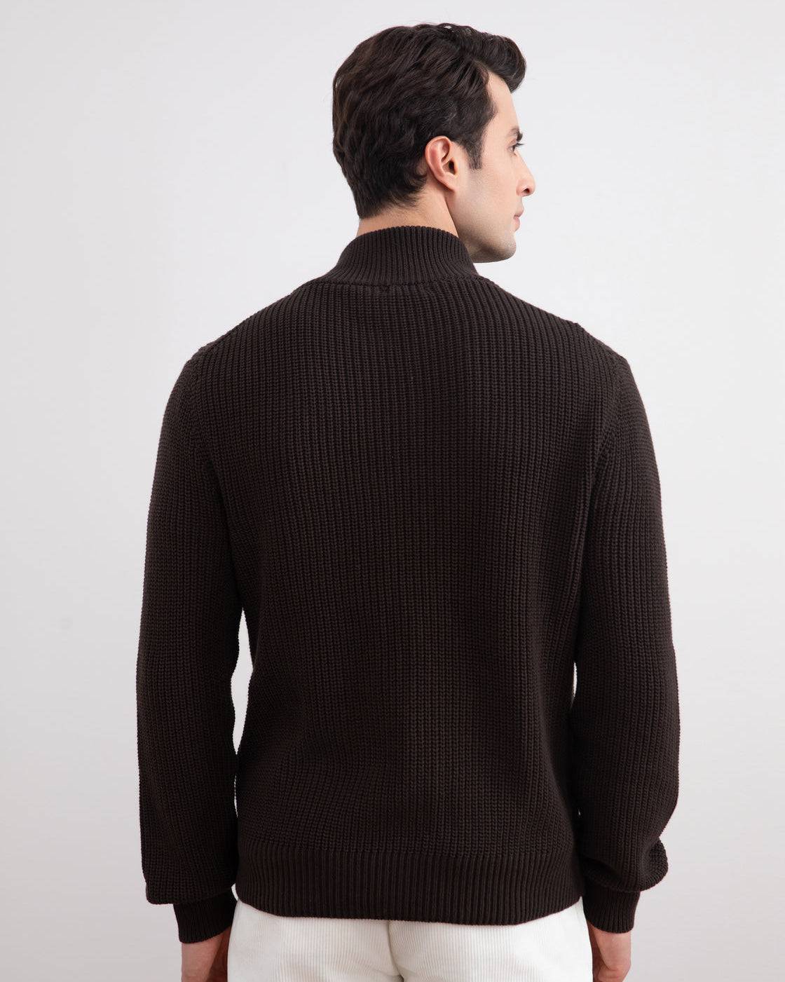 Dark Brown Ribbed Zip-Up Cardigan - Tour&Tate
