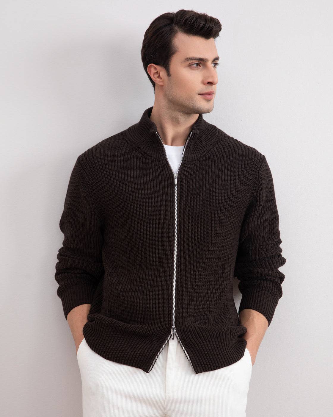 Dark Brown Ribbed Zip-Up Cardigan - Tour&Tate