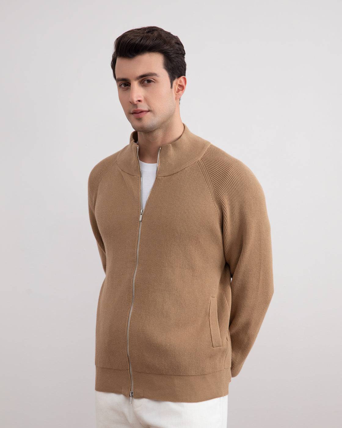 Tan English Rib Full Zip Cardigan - Tour&Tate