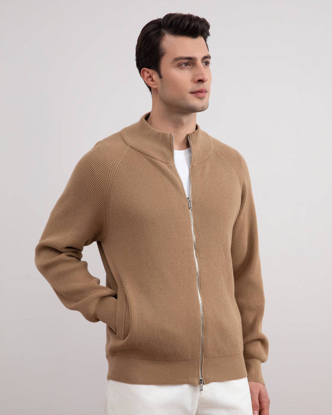 Tan English Rib Full Zip Cardigan - Tour&Tate