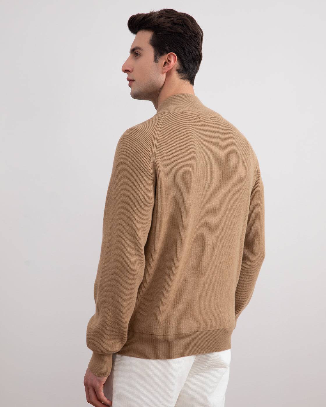 Tan English Rib Full Zip Cardigan - Tour&Tate