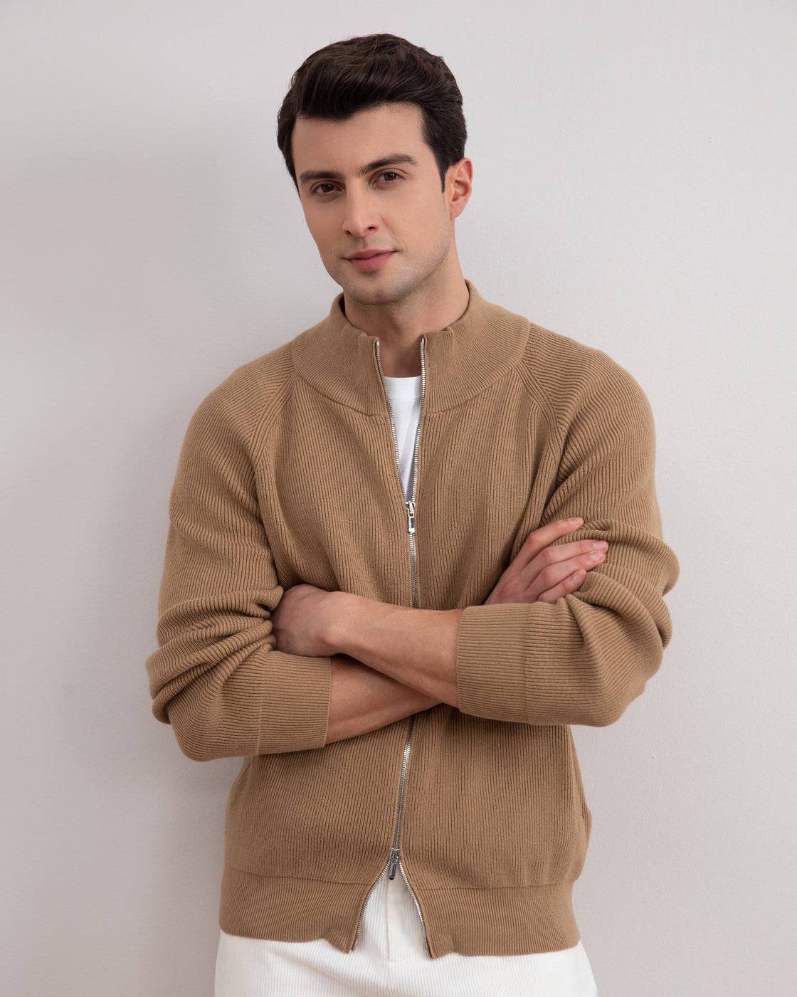 Tan English Rib Full Zip Cardigan - Tour&Tate