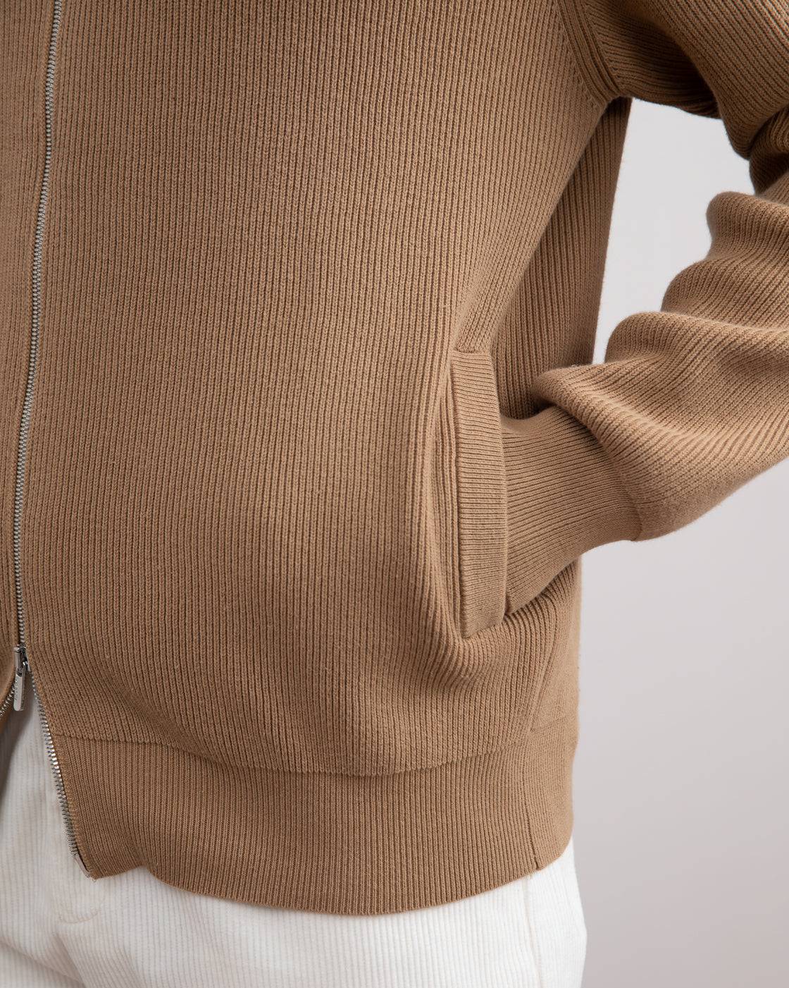 Tan English Rib Full Zip Cardigan - Tour&Tate