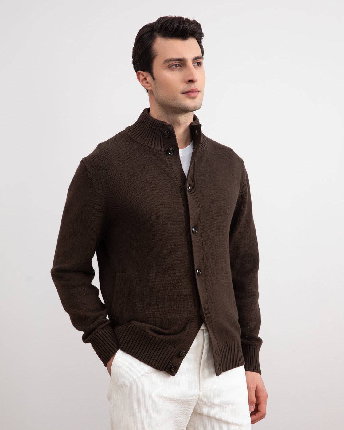 Brown Ribbed Button Closure With Pockets Cardigan - Tour&Tate