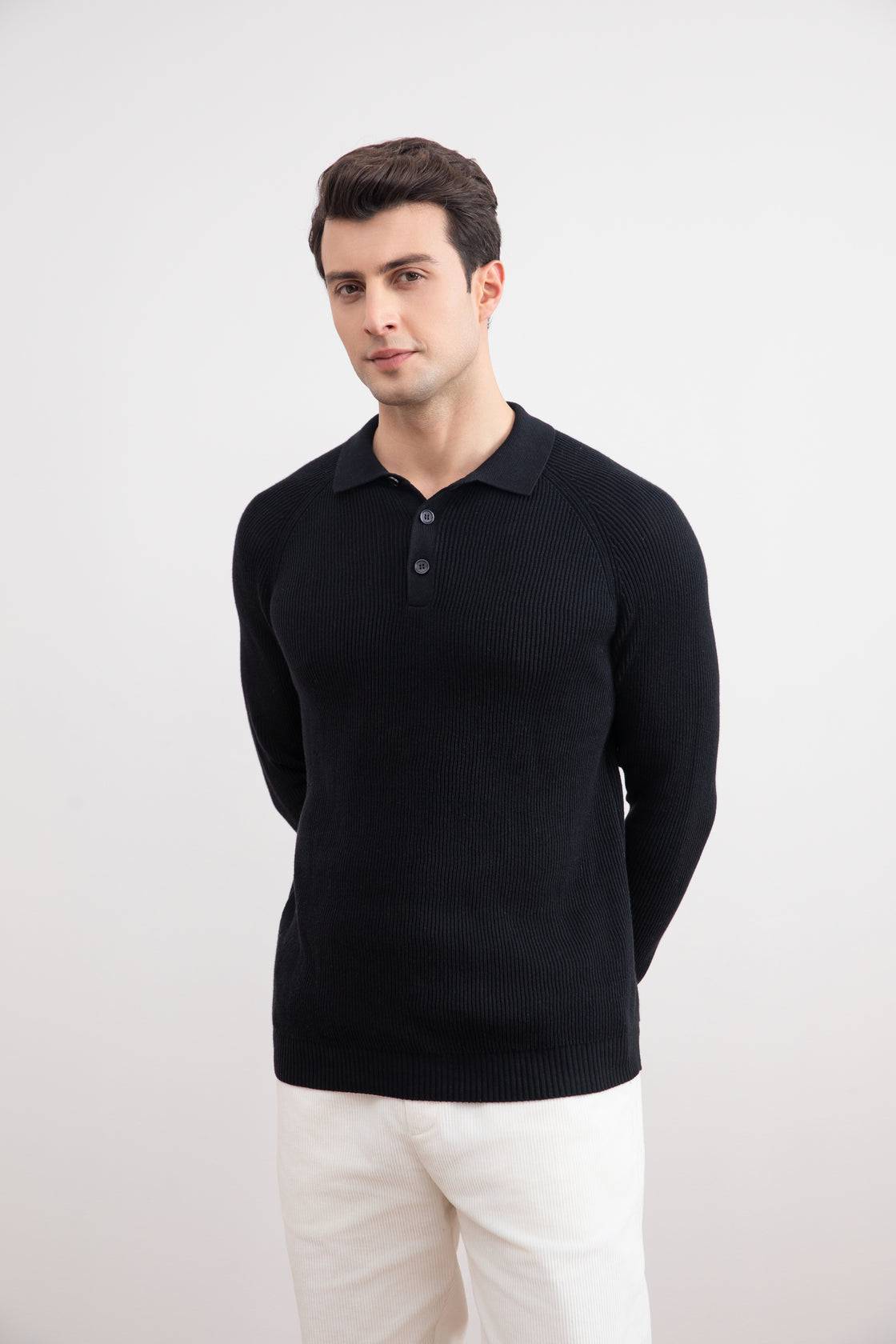 Black English Rib Polo Shirt - Tour&Tate