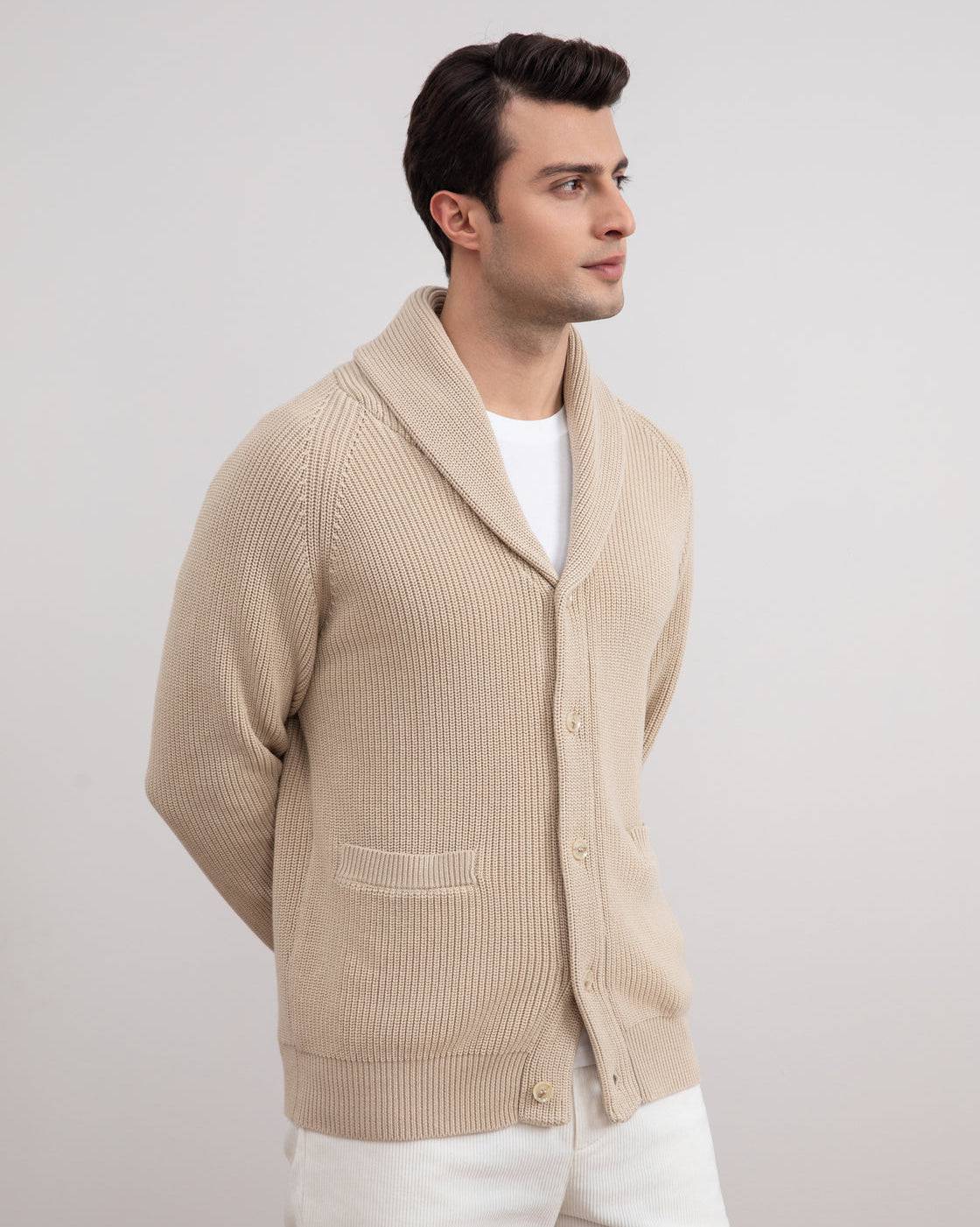 Beige Shawl-Collar Ribbed Cardigan - Tour&Tate