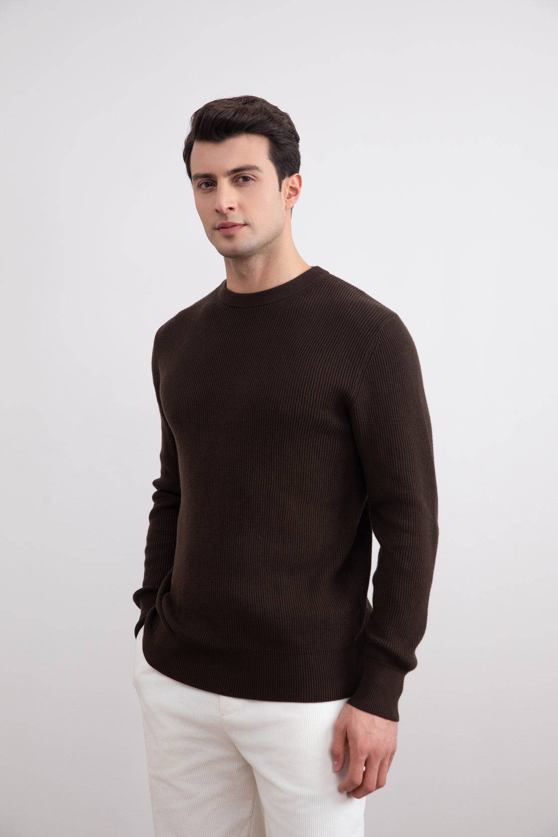 Dark Brown Crewneck Malfilé English Rib Sweater - Tour&Tate