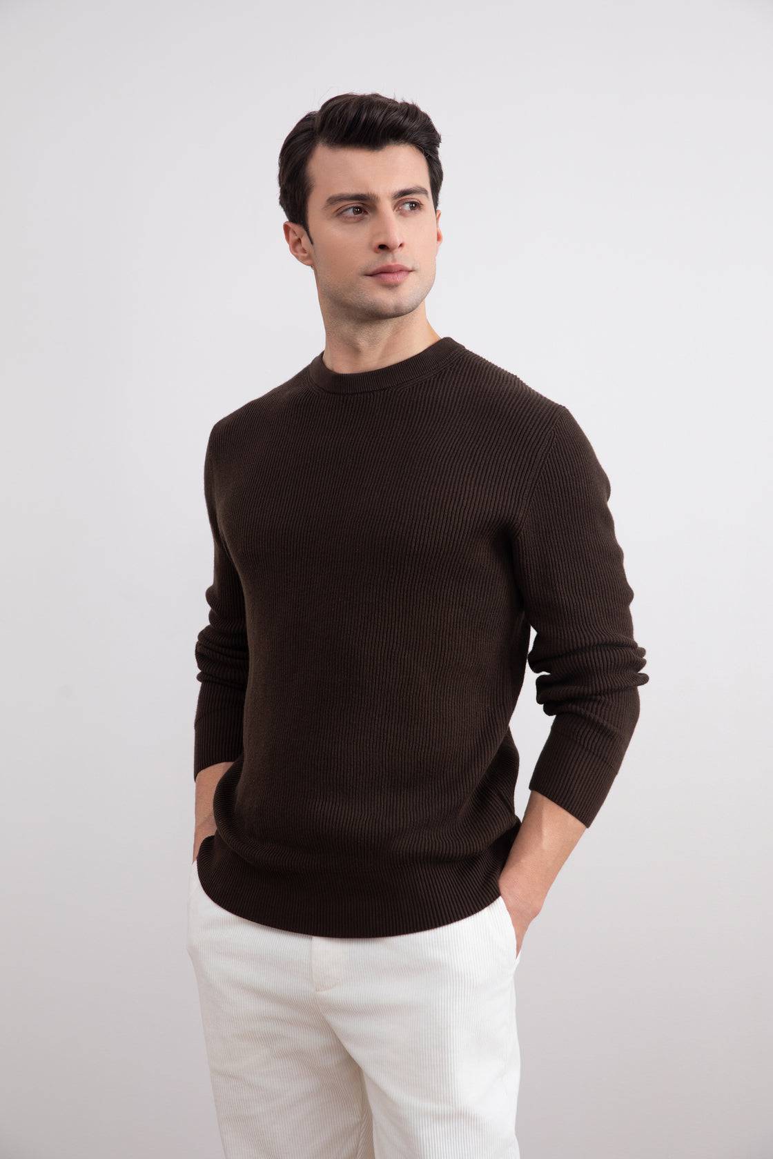 Dark Brown Crewneck Malfilé English Rib Sweater - Tour&Tate