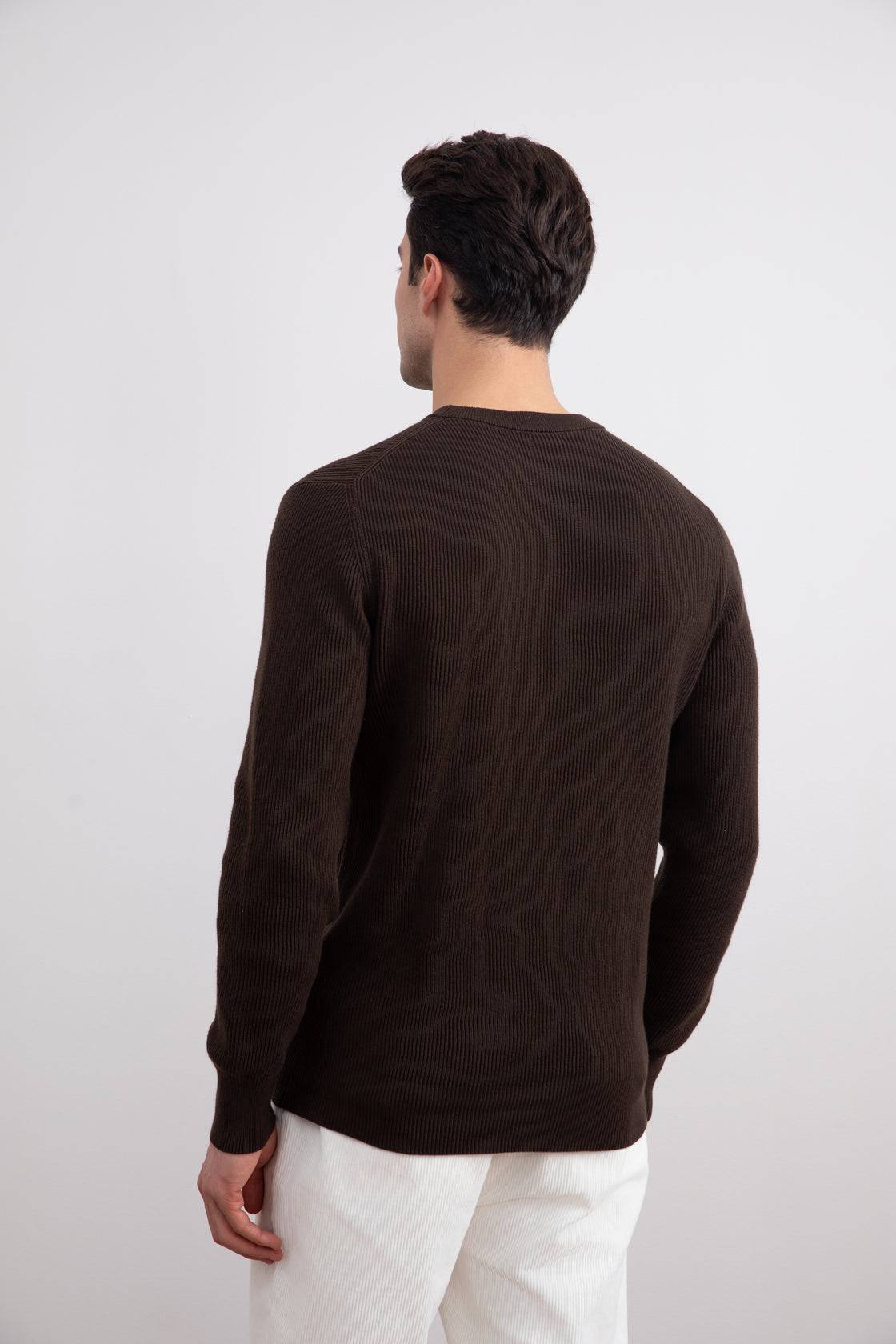 Dark Brown Crewneck Malfilé English Rib Sweater - Tour&Tate
