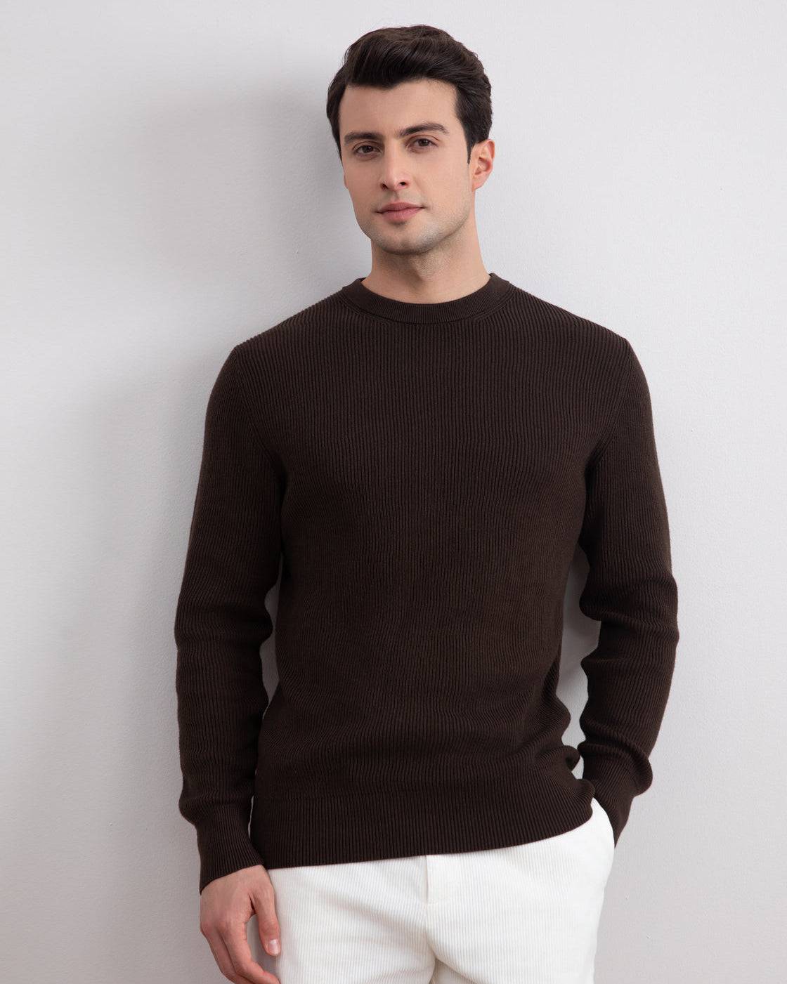 Dark Brown Crewneck Malfilé English Rib Sweater - Tour&Tate
