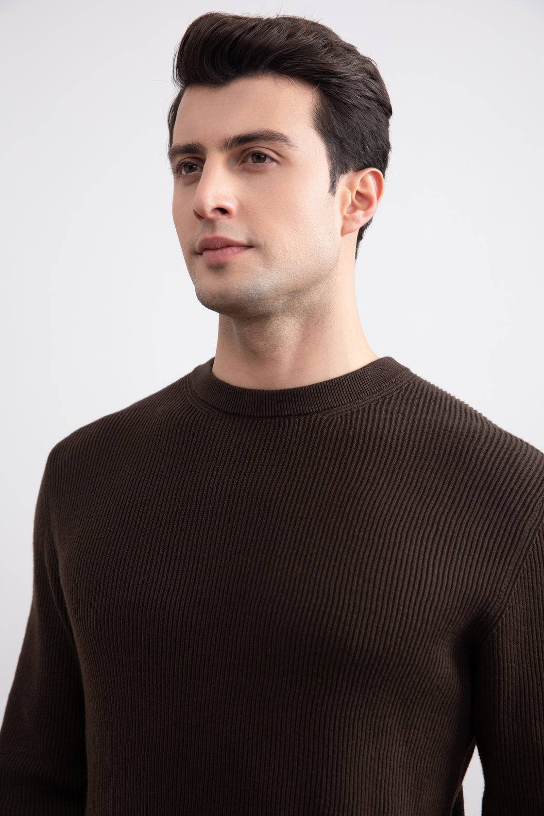 Dark Brown Crewneck Malfilé English Rib Sweater - Tour&Tate