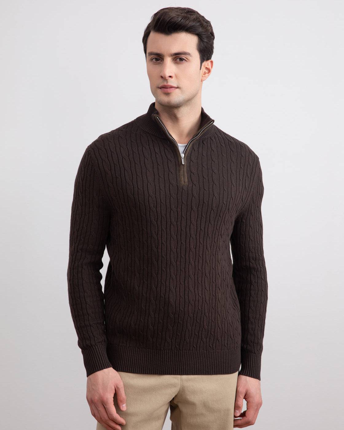 Dark Brown Cable Knit half-zip Sweater - Tour&Tate