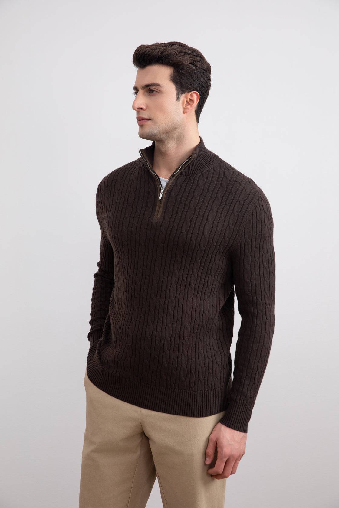 Dark Brown Cable Knit half-zip Sweater - Tour&Tate