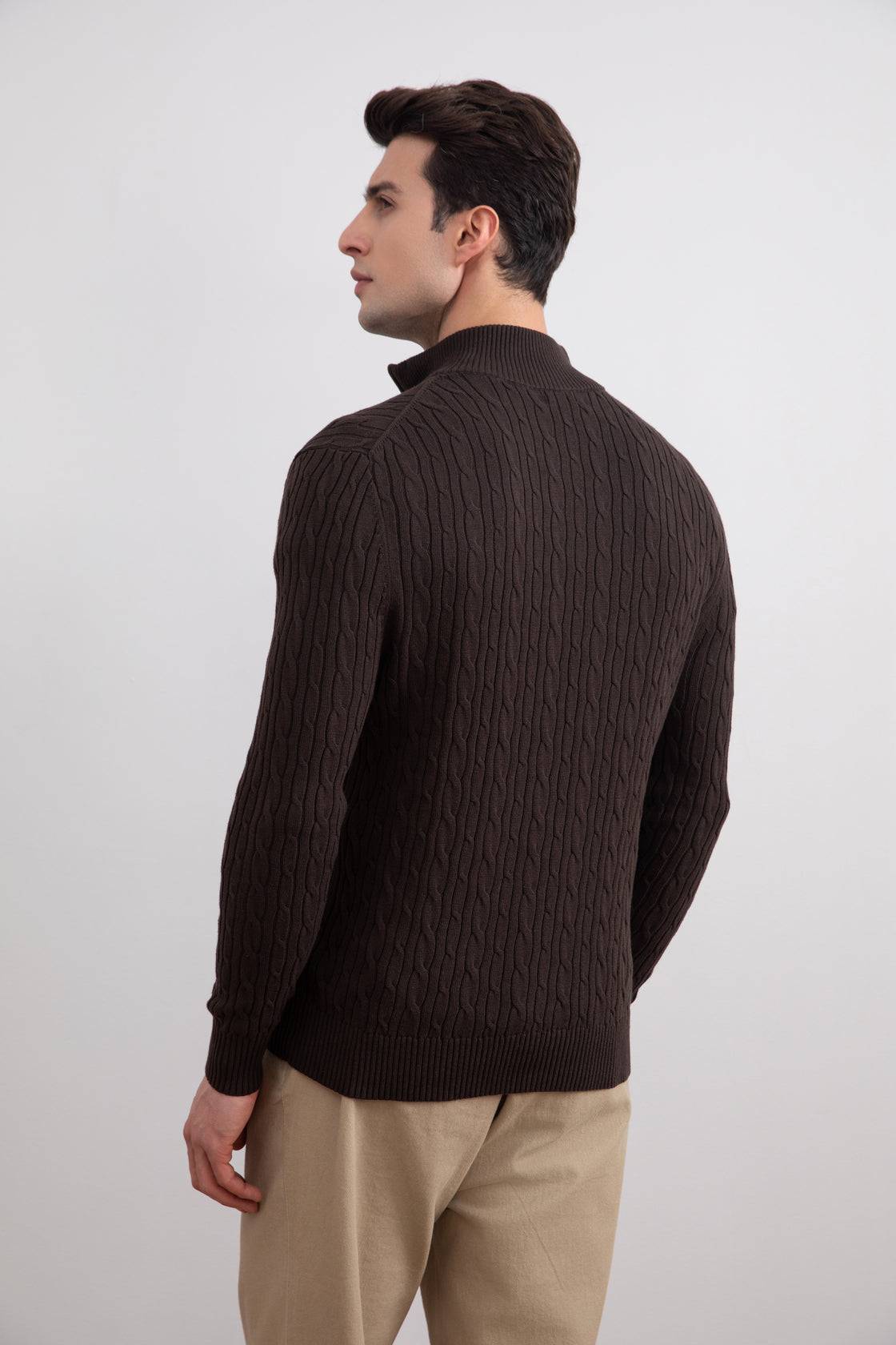 Dark Brown Cable Knit half-zip Sweater - Tour&Tate