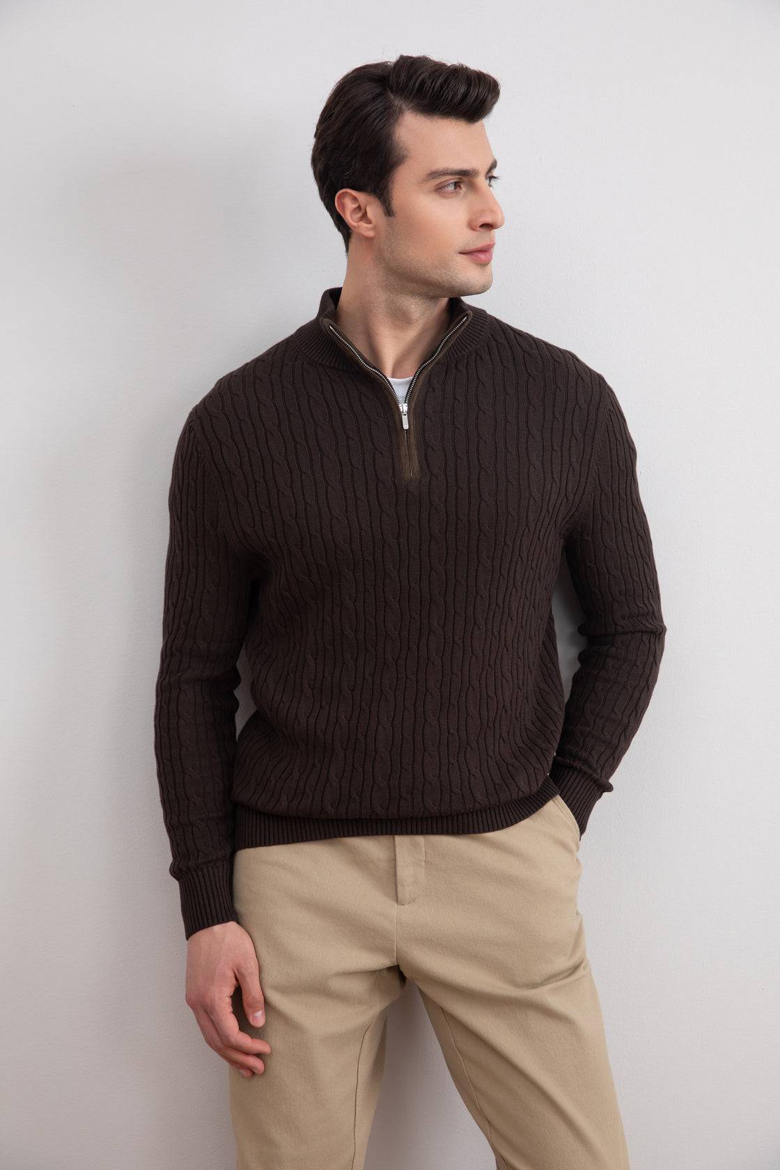 Dark Brown Cable Knit half-zip Sweater - Tour&Tate