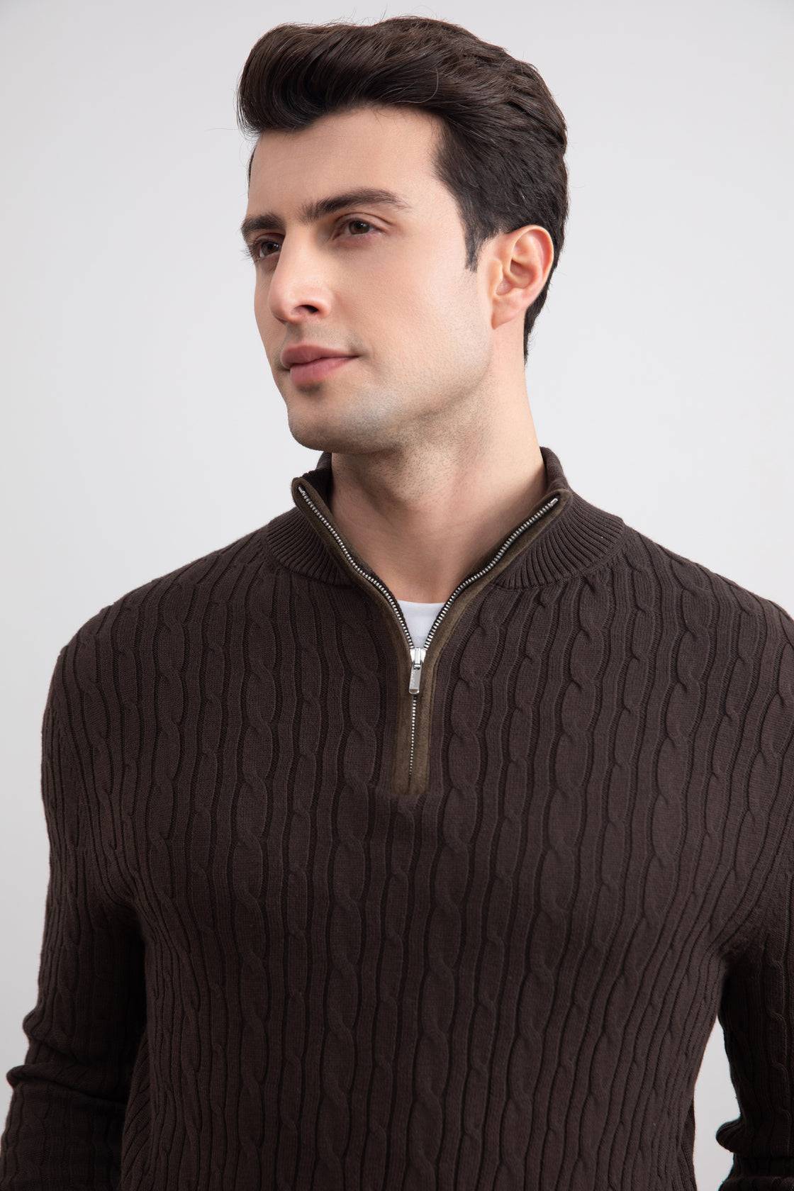 Dark Brown Cable Knit half-zip Sweater - Tour&Tate