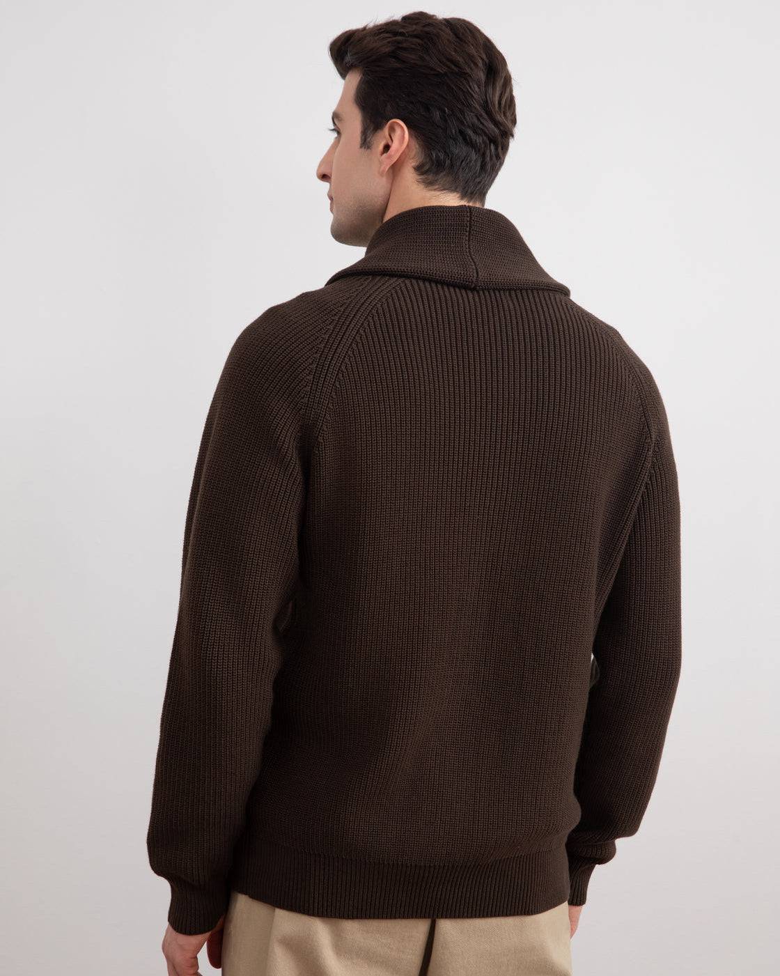 Brown Shawl-Collar Ribbed Cardigan - Tour&Tate