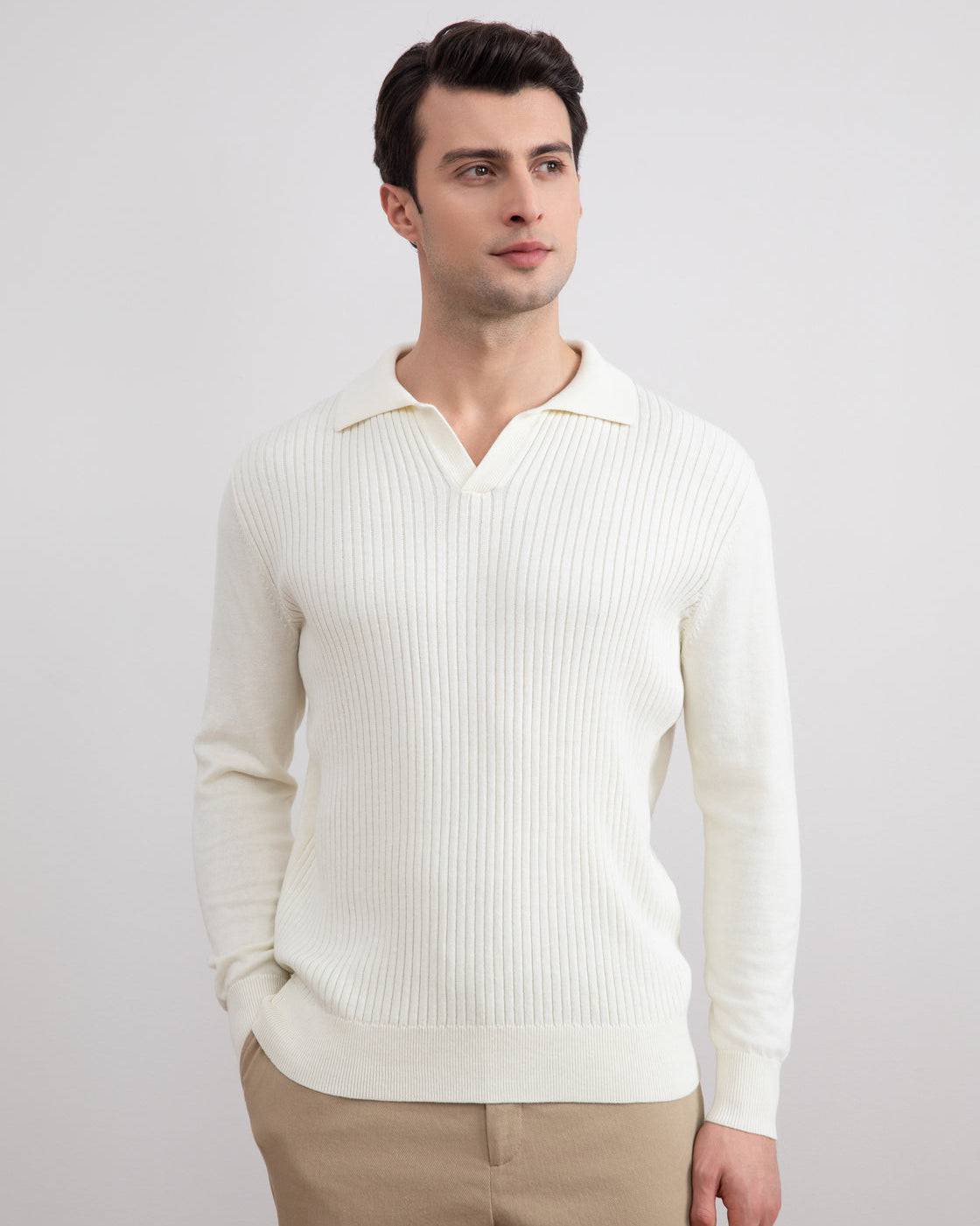 Off-White Striped Open Polo Shirt - Tour&Tate