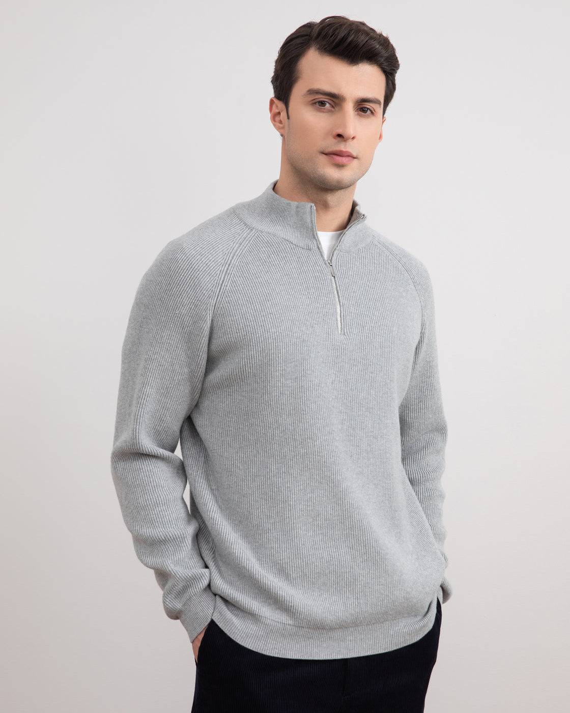 Grey Mélange English rib turtleneck half-zip sweater - Tour&Tate