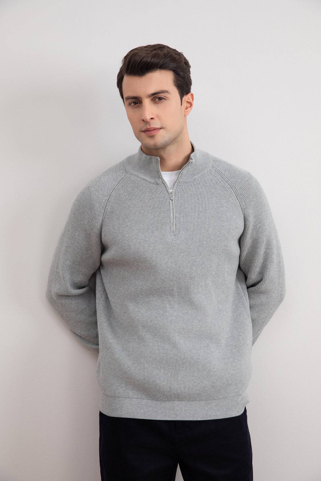 Grey Mélange English rib turtleneck half-zip sweater - Tour&Tate