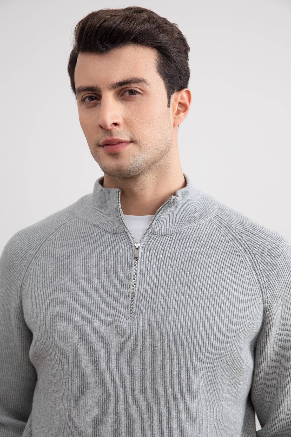 Grey Mélange English rib turtleneck half-zip sweater - Tour&Tate