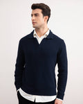 Navy Textured Open Polo Sweater - Tour&Tate