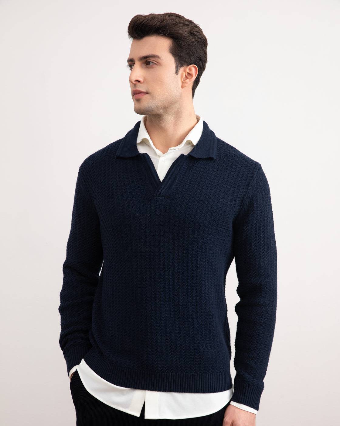 Navy Textured Open Polo Sweater - Tour&Tate
