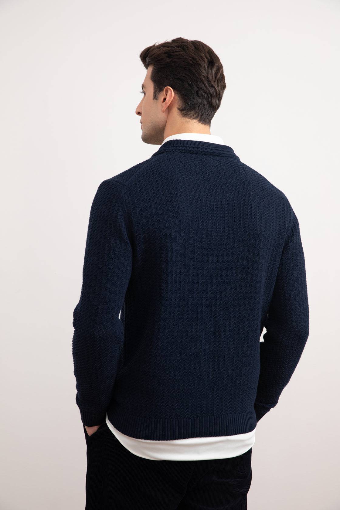 Navy Textured Open Polo Sweater - Tour&Tate