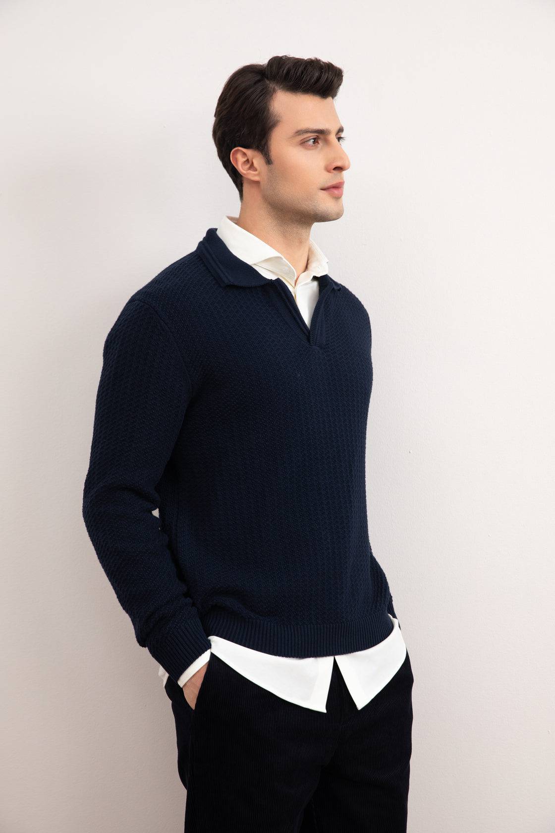 Navy Textured Open Polo Sweater - Tour&Tate