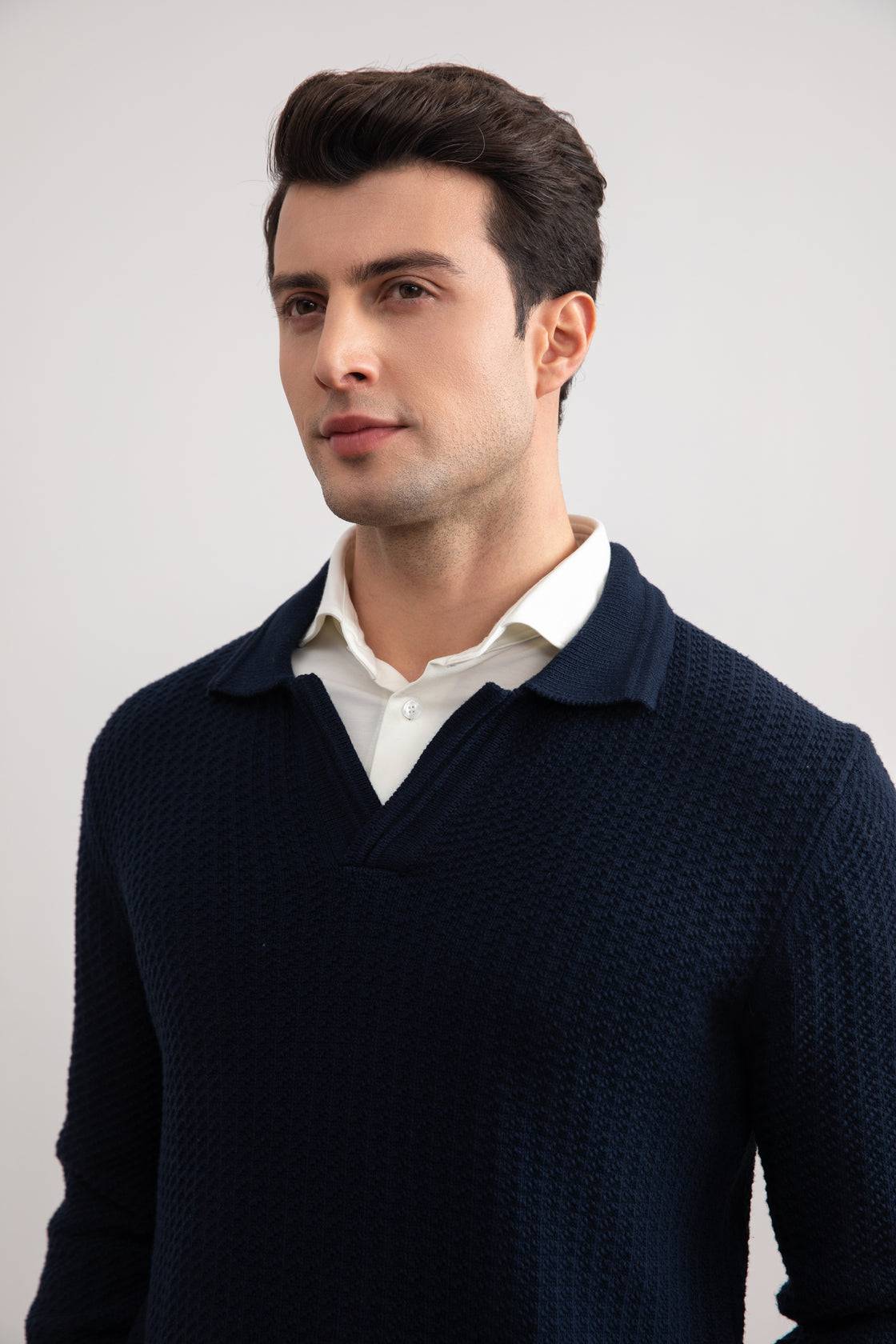 Navy Textured Open Polo Sweater - Tour&Tate