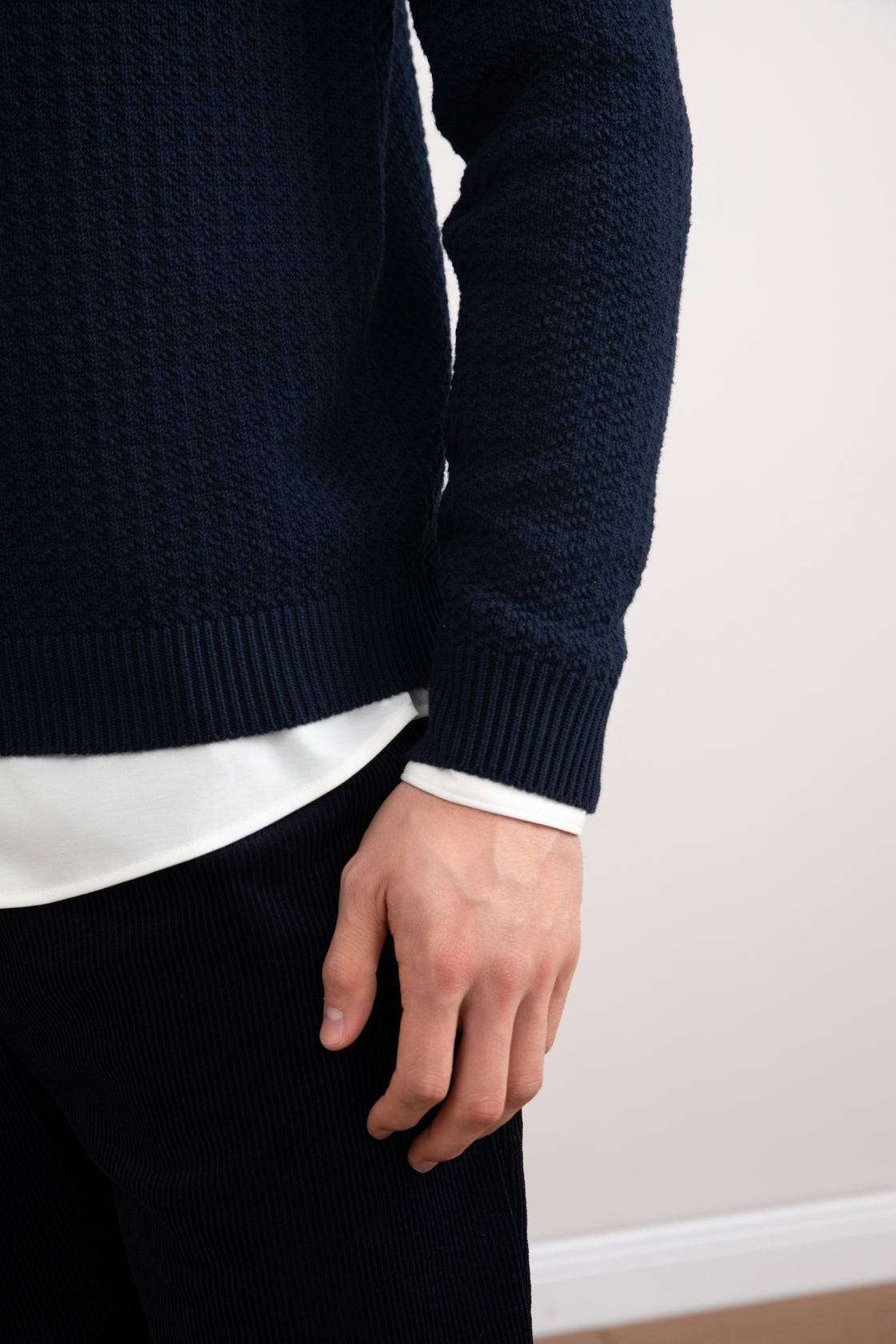 Navy Textured Open Polo Sweater - Tour&Tate