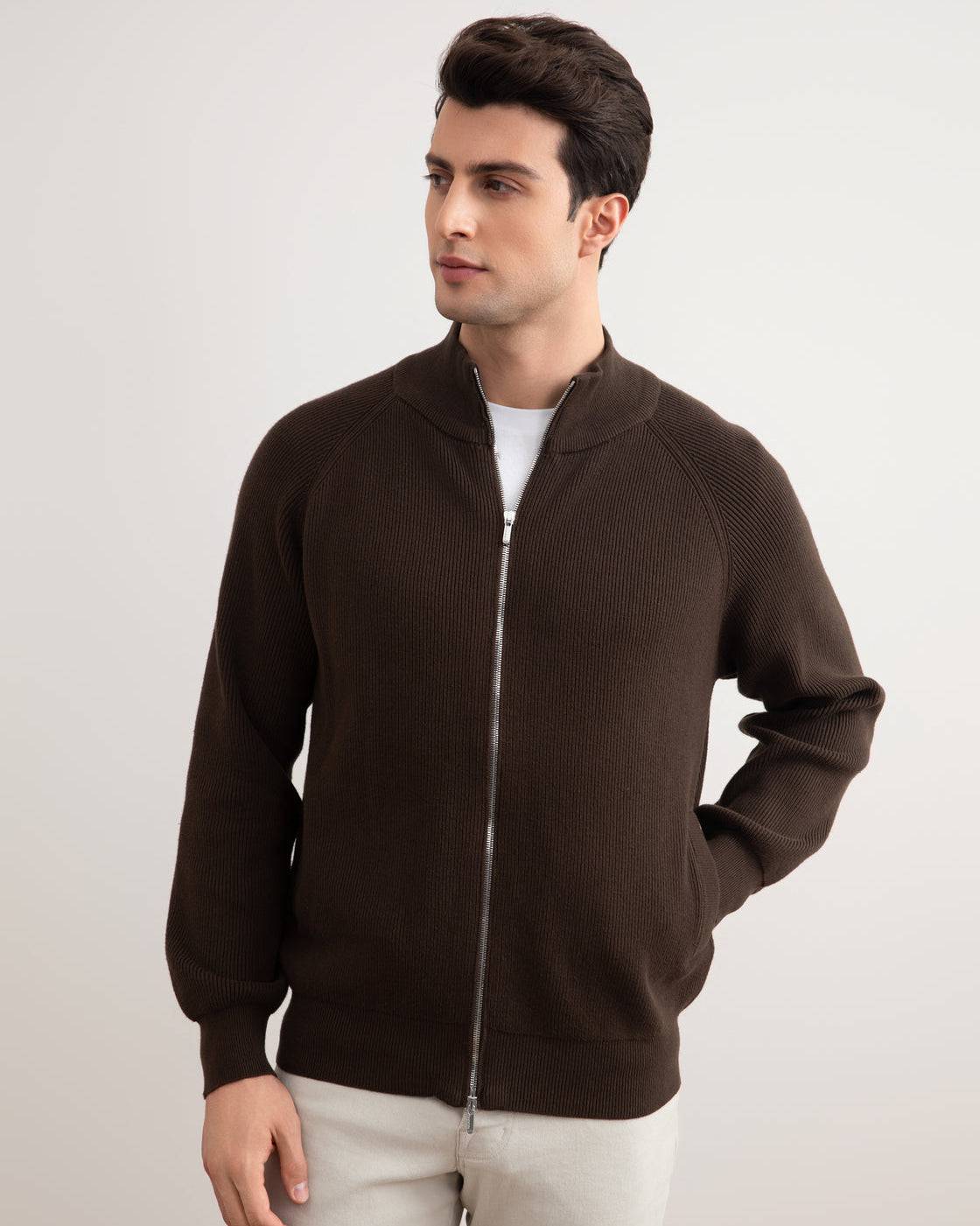 Brown English Rib Full Zip Cardigan - Tour&Tate