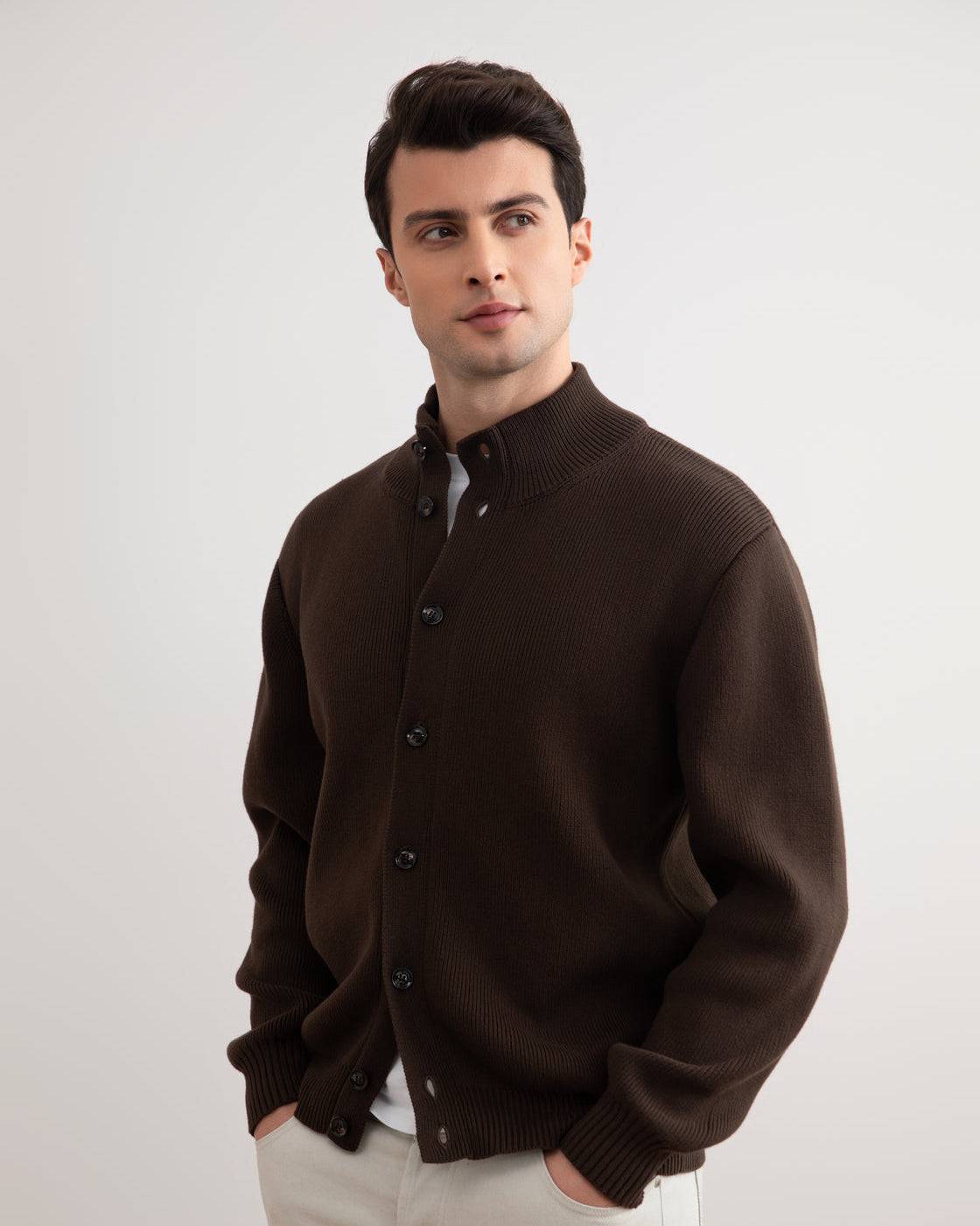 Brown Ribbed Button Closure Cardigan - Tour&Tate
