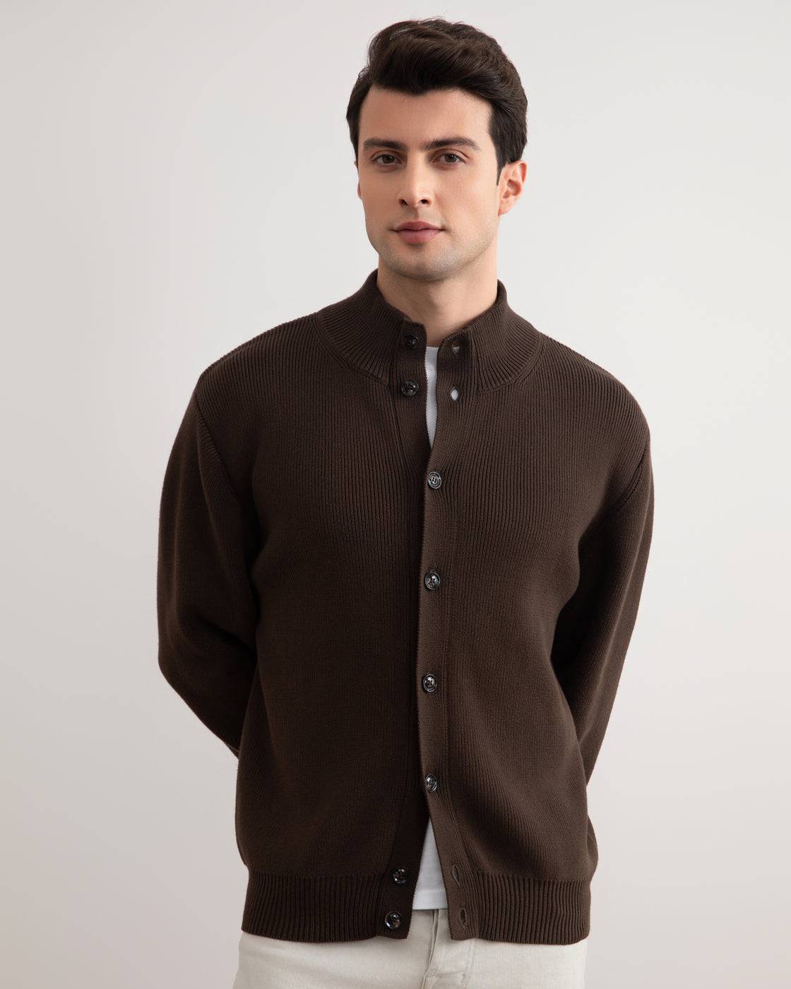 Brown Ribbed Button Closure Cardigan - Tour&Tate