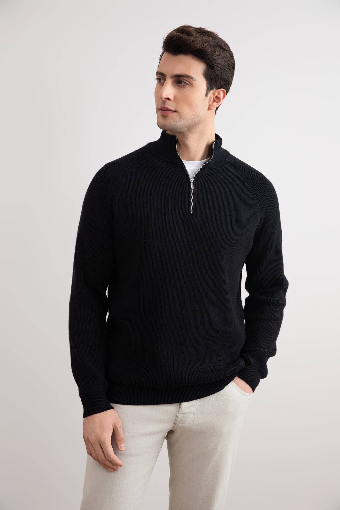 Black English rib turtleneck half-zip sweater - Tour&Tate