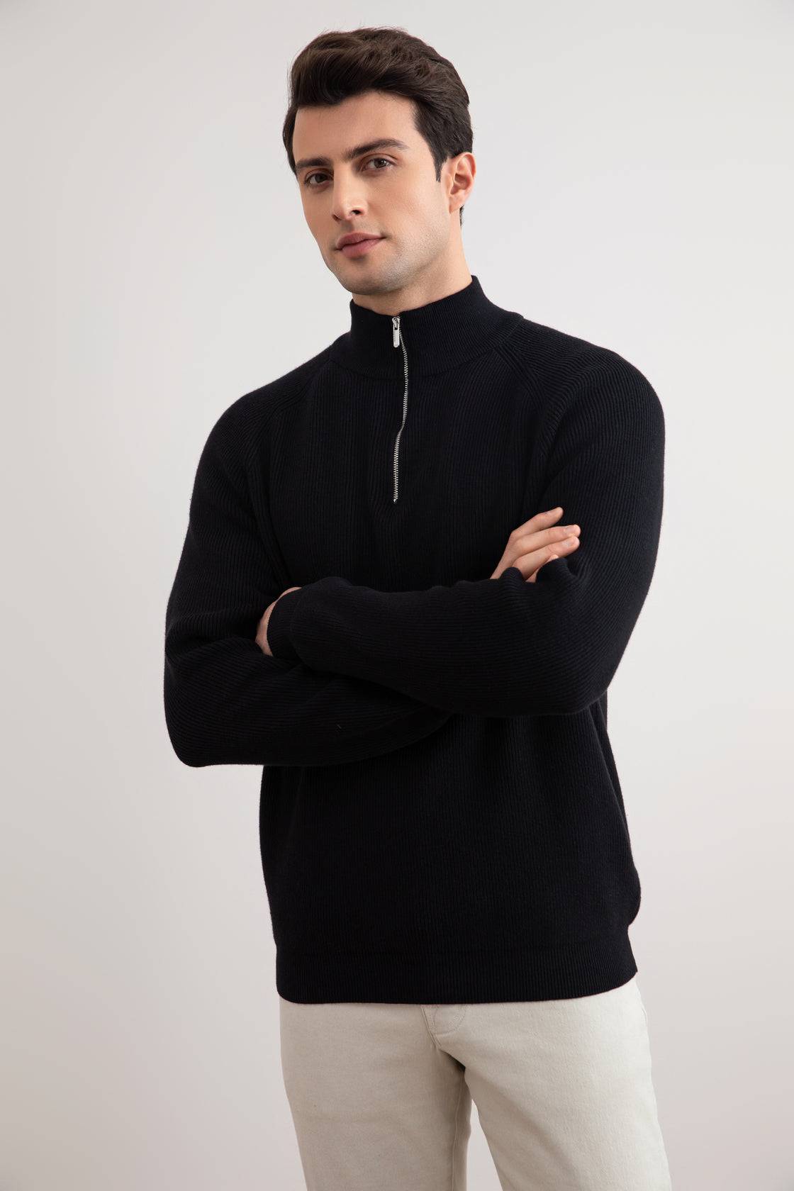 Black English rib turtleneck half-zip sweater - Tour&Tate