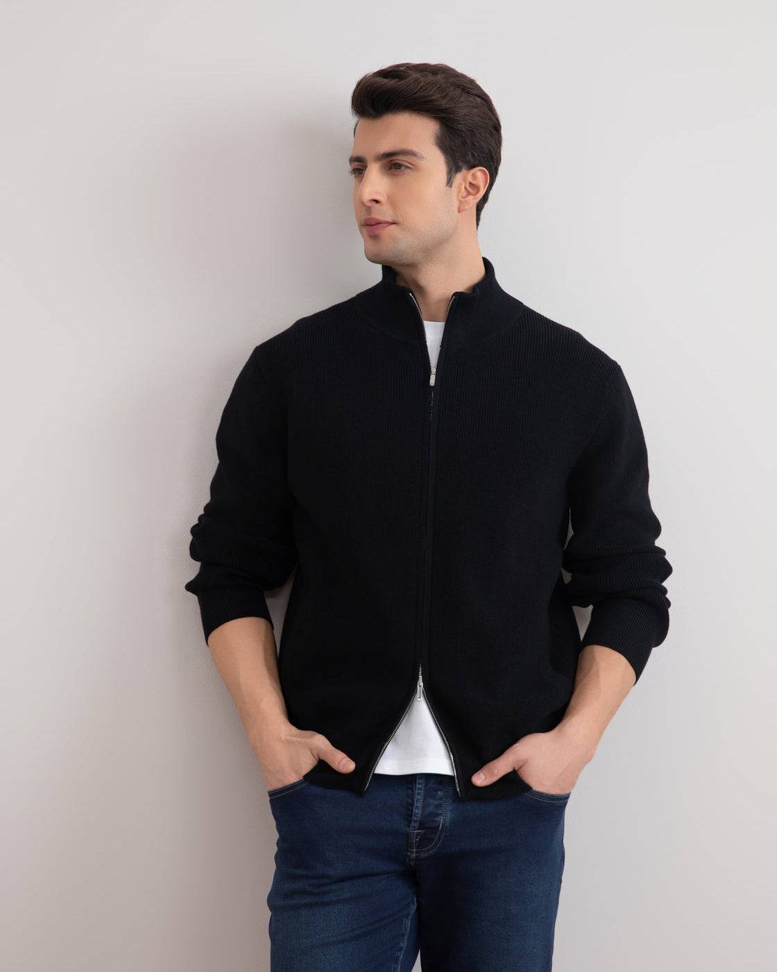 Black English Rib Full Zip Cardigan - Tour&Tate