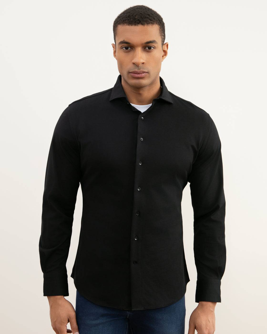 Black Cotton-Piqué Shirt - Tour&Tate