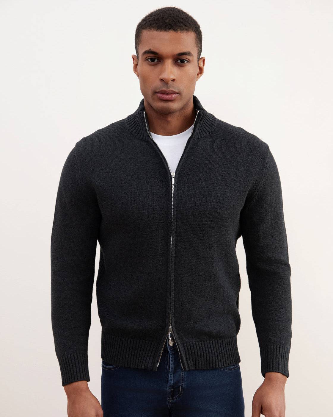 Charchoal Ribbed Zip-Up Sweater - Tour&Tate