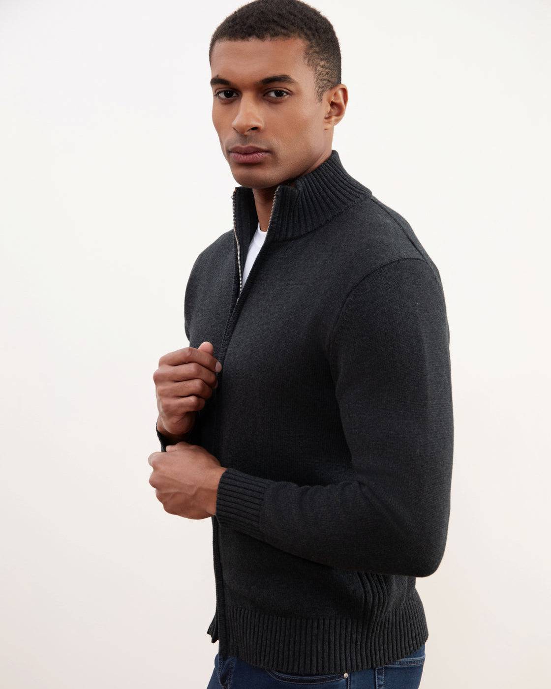 Charchoal Ribbed Zip-Up Sweater - Tour&Tate