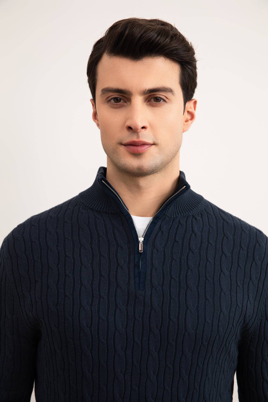 Blue Cable Knit half-zip Sweater - Tour&Tate