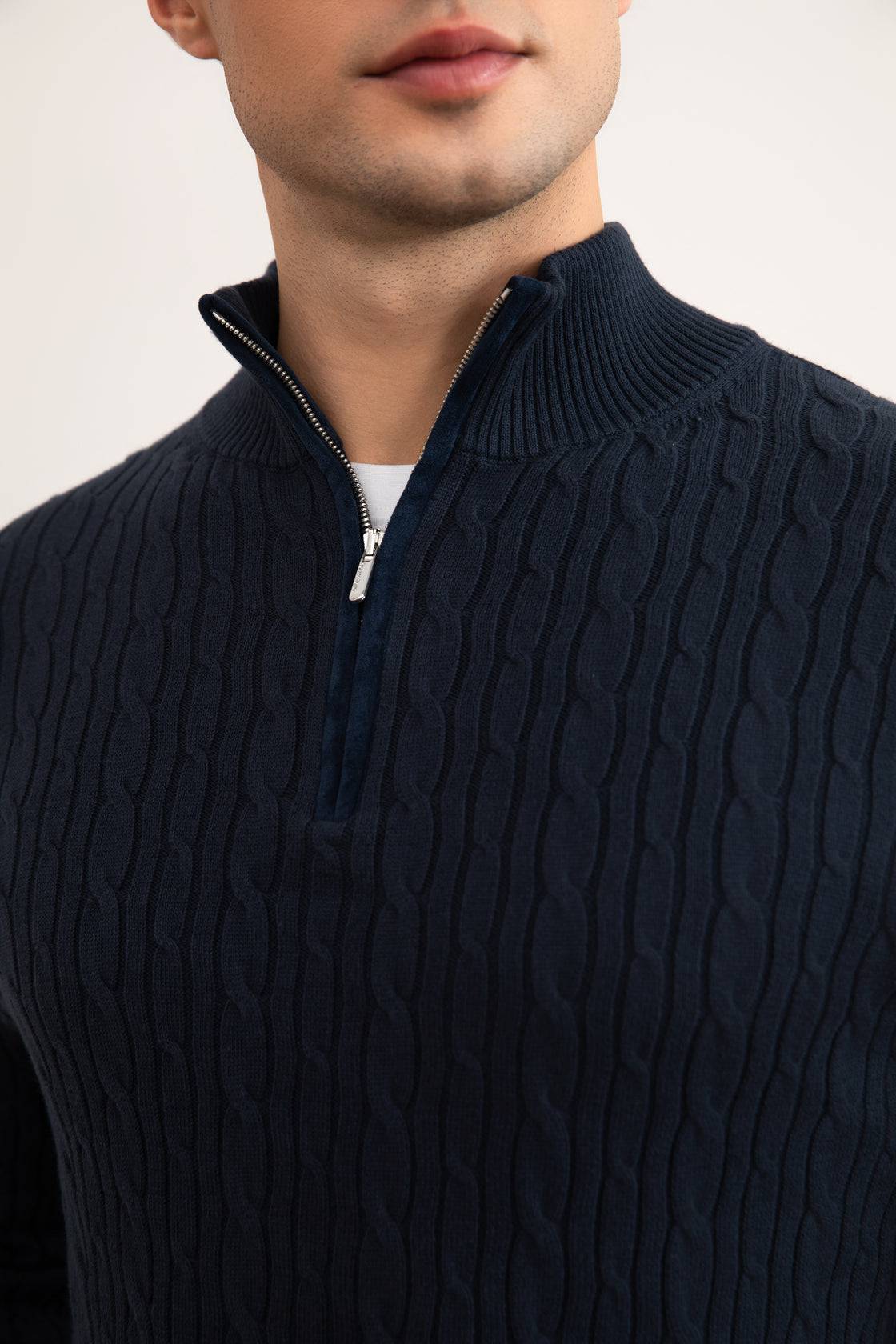 Blue Cable Knit half-zip Sweater - Tour&Tate