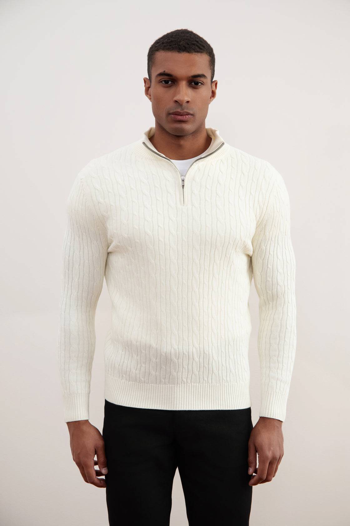 Off-White Cable Knit half-zip Sweater - Tour&Tate