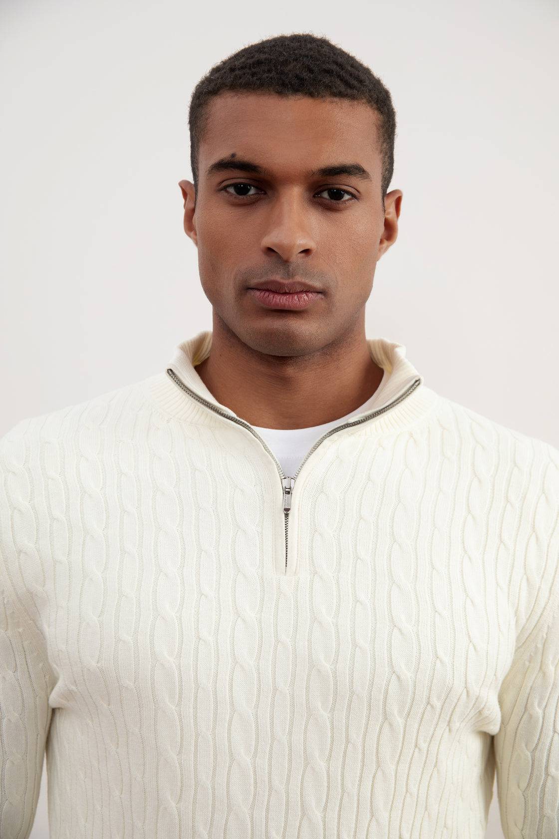 Off-White Cable Knit half-zip Sweater - Tour&Tate