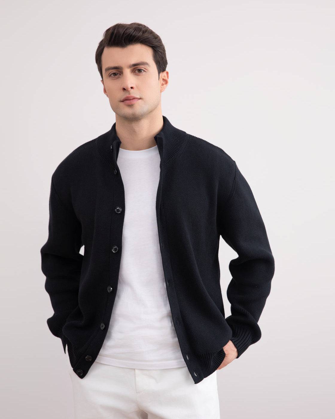 Black Ribbed Button Closure Cardigan - Tour&Tate